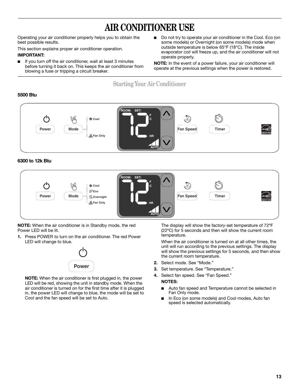 Air conditioner use, Starting your air conditioner | Whirlpool 66161279 User Manual | Page 13 / 60