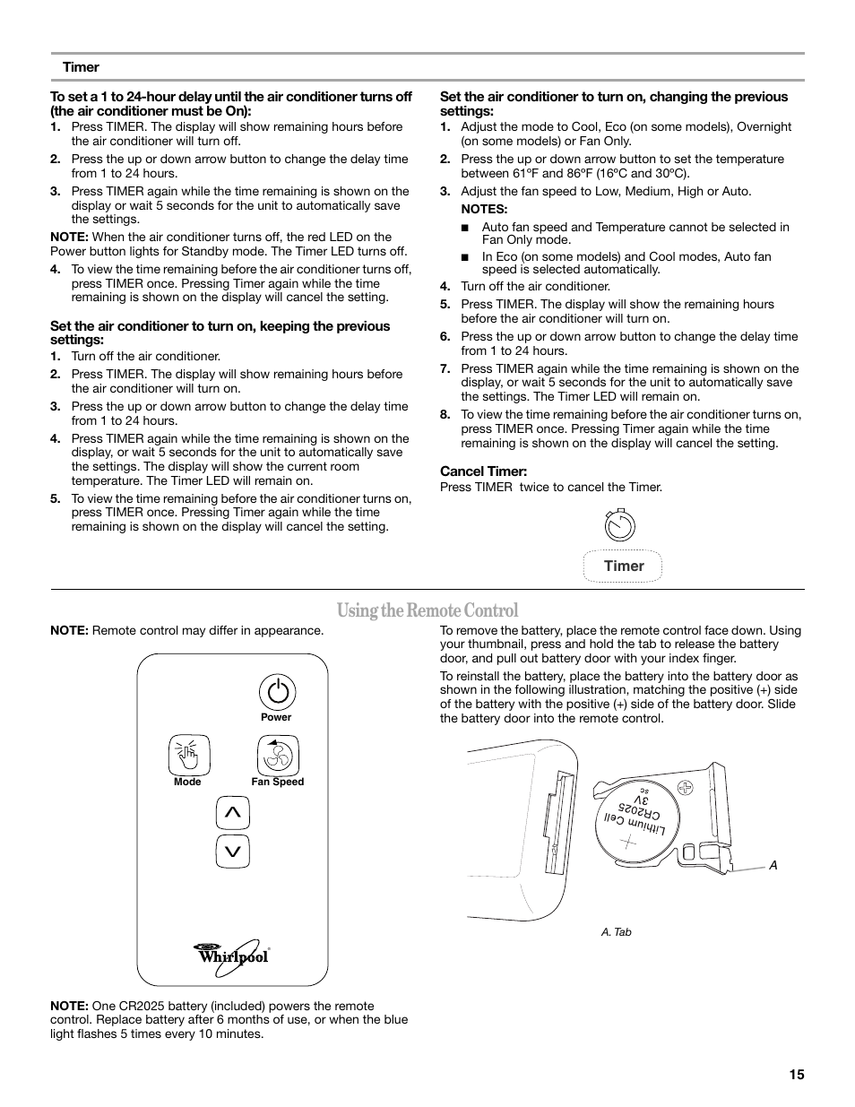 Using the remote control | Whirlpool 66161279 User Manual | Page 15 / 60