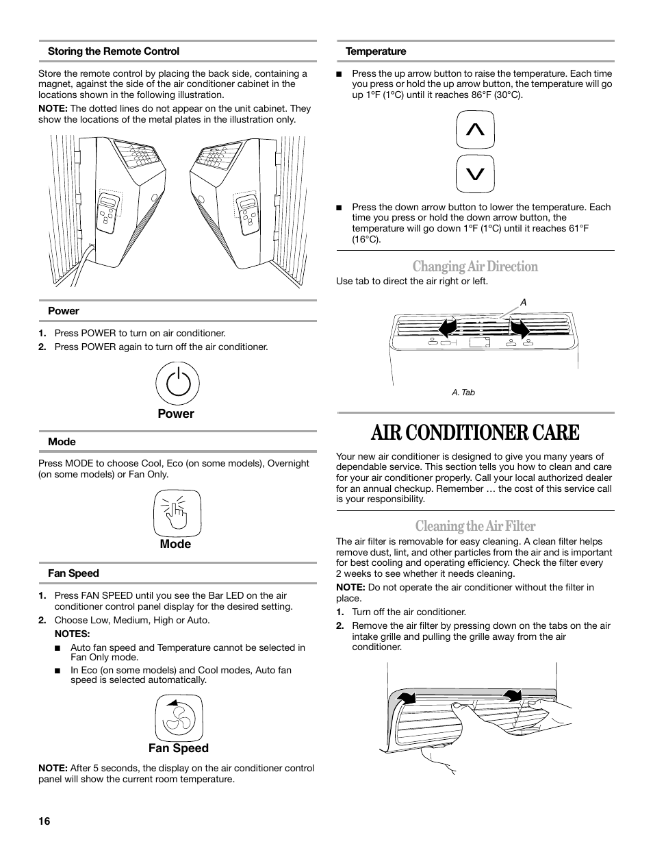 Air conditioner care, Changing air direction, Cleaning the air filter | Whirlpool 66161279 User Manual | Page 16 / 60