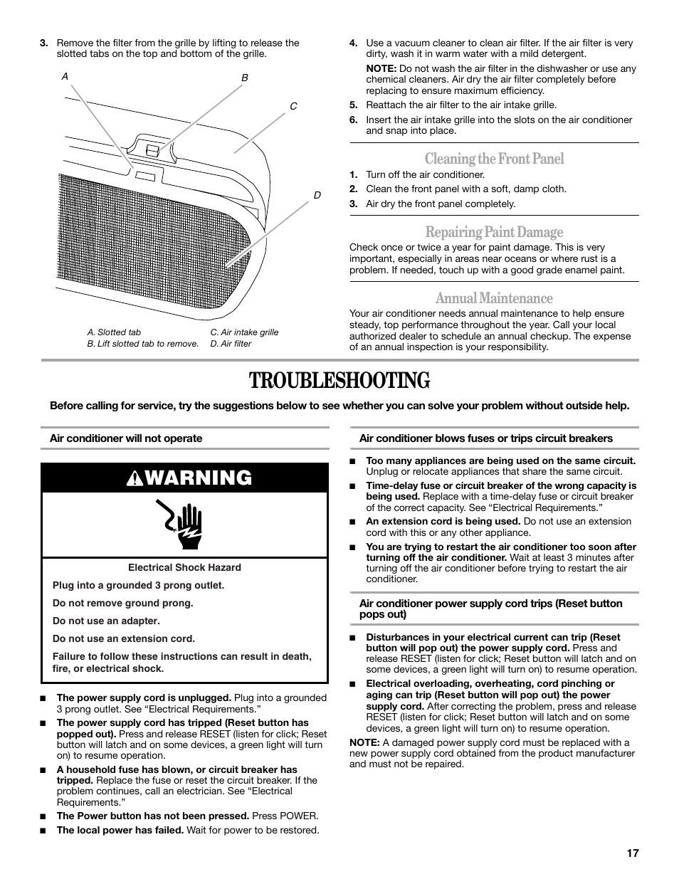 Troubleshooting, Warning, Cleaning the front panel | Repairing paint damage, Annual maintenance | Whirlpool 66161279 User Manual | Page 17 / 60