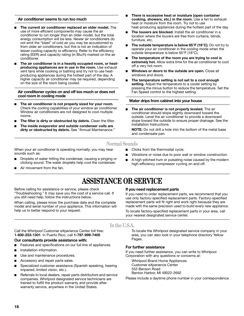 Assistance or service, Normal sounds | Whirlpool 66161279 User Manual | Page 18 / 60