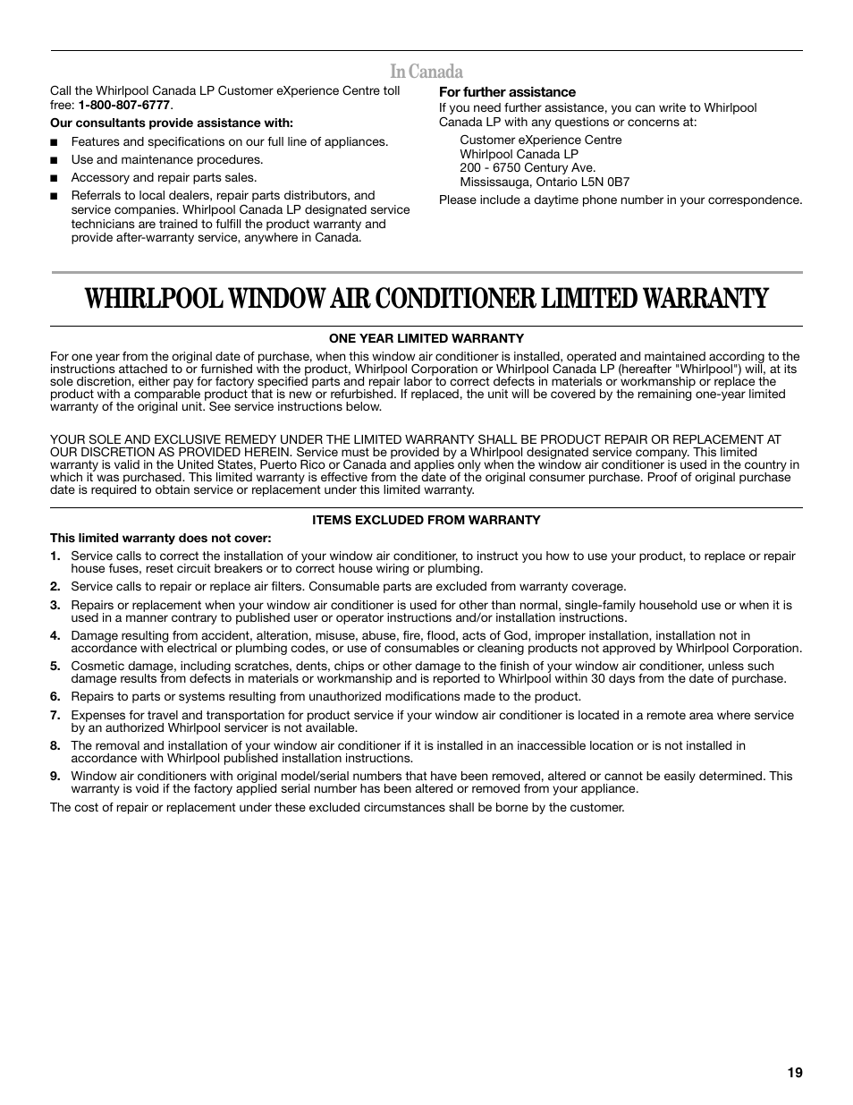 Whirlpool window air conditioner limited warranty | Whirlpool 66161279 User Manual | Page 19 / 60