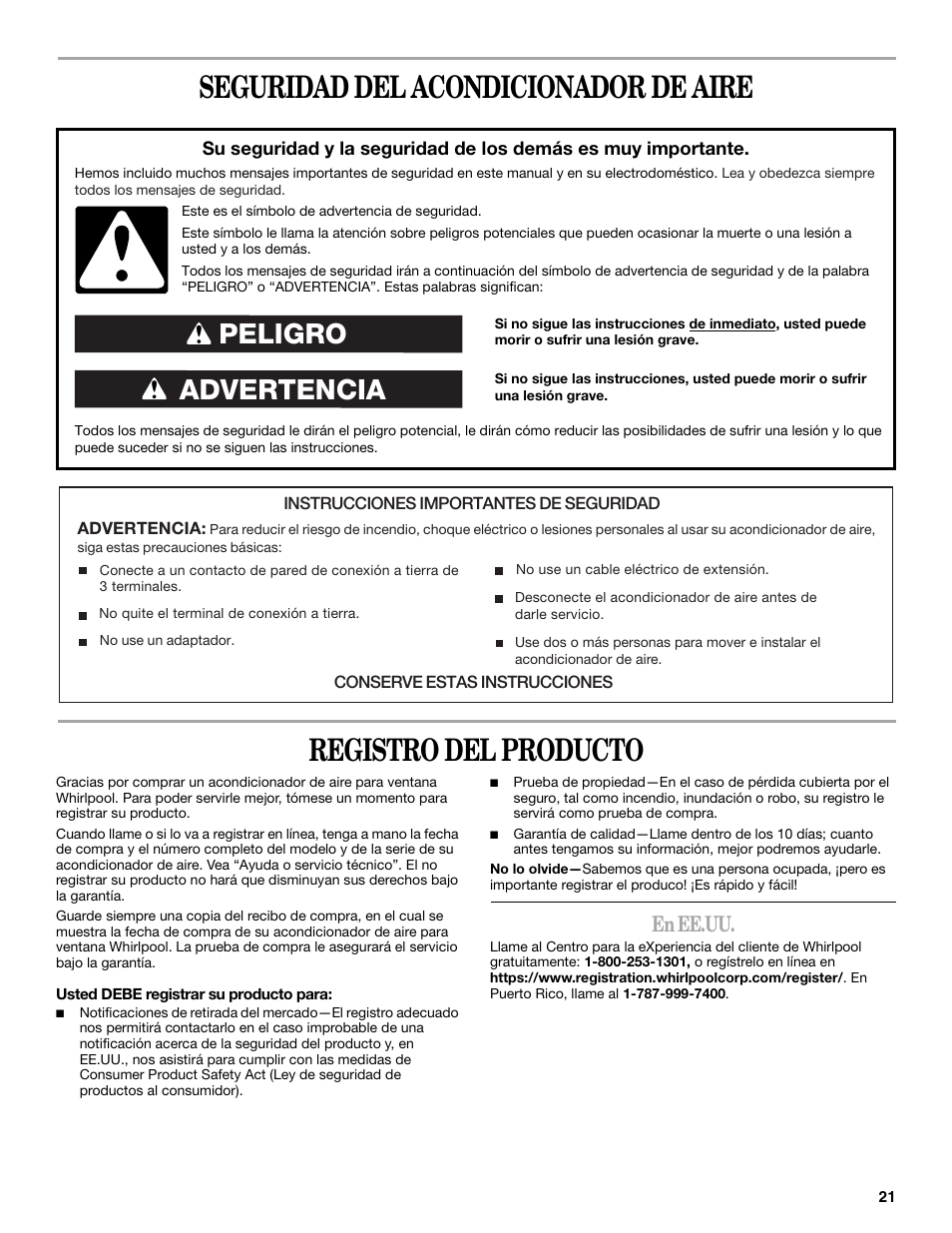 Advertencia peligro, En ee.uu | Whirlpool 66161279 User Manual | Page 21 / 60
