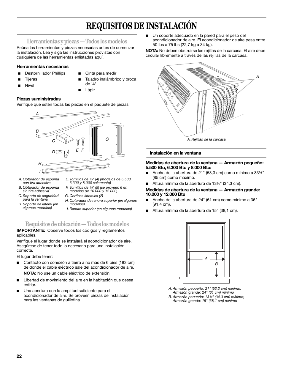 Requisitos de instalación, Herramientas y piezas — todos los modelos, Requisitos de ubicación — todos los modelos | Whirlpool 66161279 User Manual | Page 22 / 60