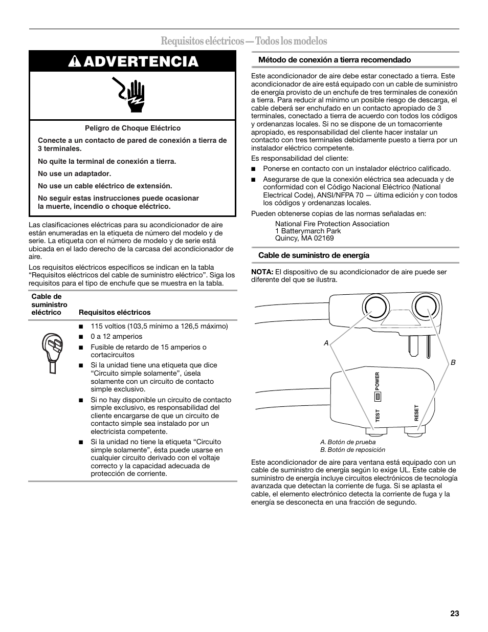 Advertencia, Requisitos eléctricos — todos los modelos | Whirlpool 66161279 User Manual | Page 23 / 60