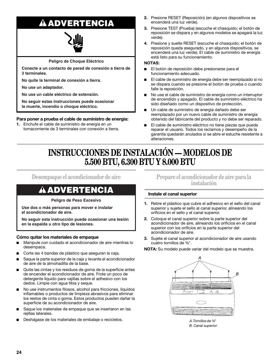 Advertencia, Desempaque el acondicionador de aire | Whirlpool 66161279 User Manual | Page 24 / 60