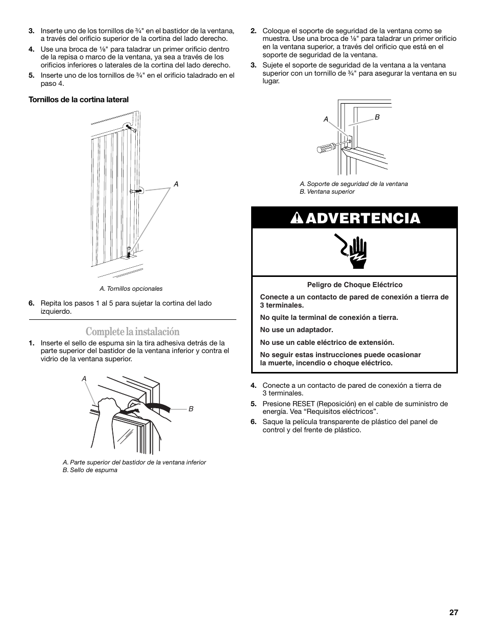 Advertencia, Complete la instalación | Whirlpool 66161279 User Manual | Page 27 / 60