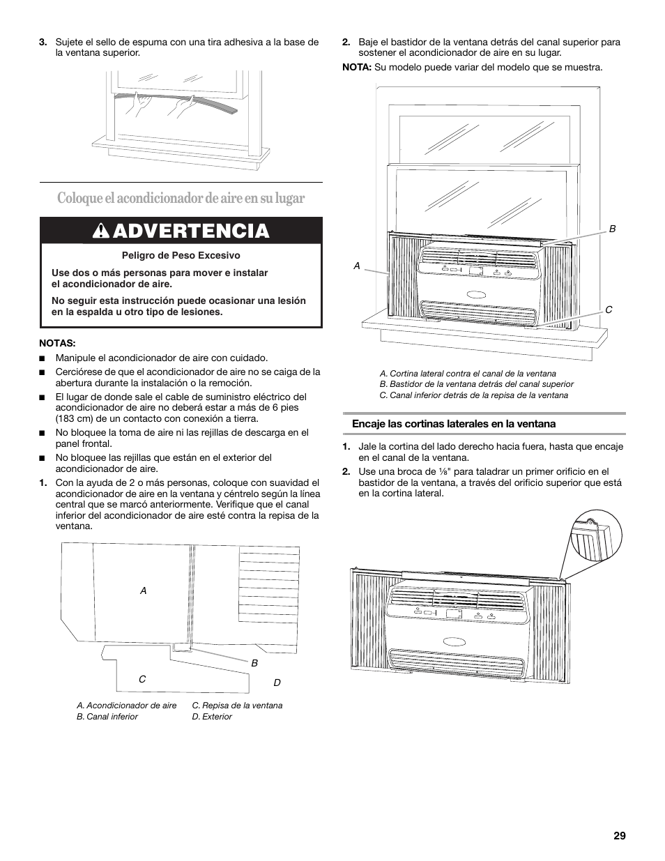 Advertencia, Coloque el acondicionador de aire en su lugar | Whirlpool 66161279 User Manual | Page 29 / 60