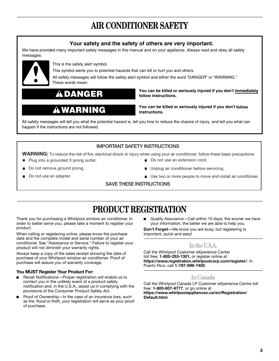 Air conditioner safety product registration, Danger warning | Whirlpool 66161279 User Manual | Page 3 / 60