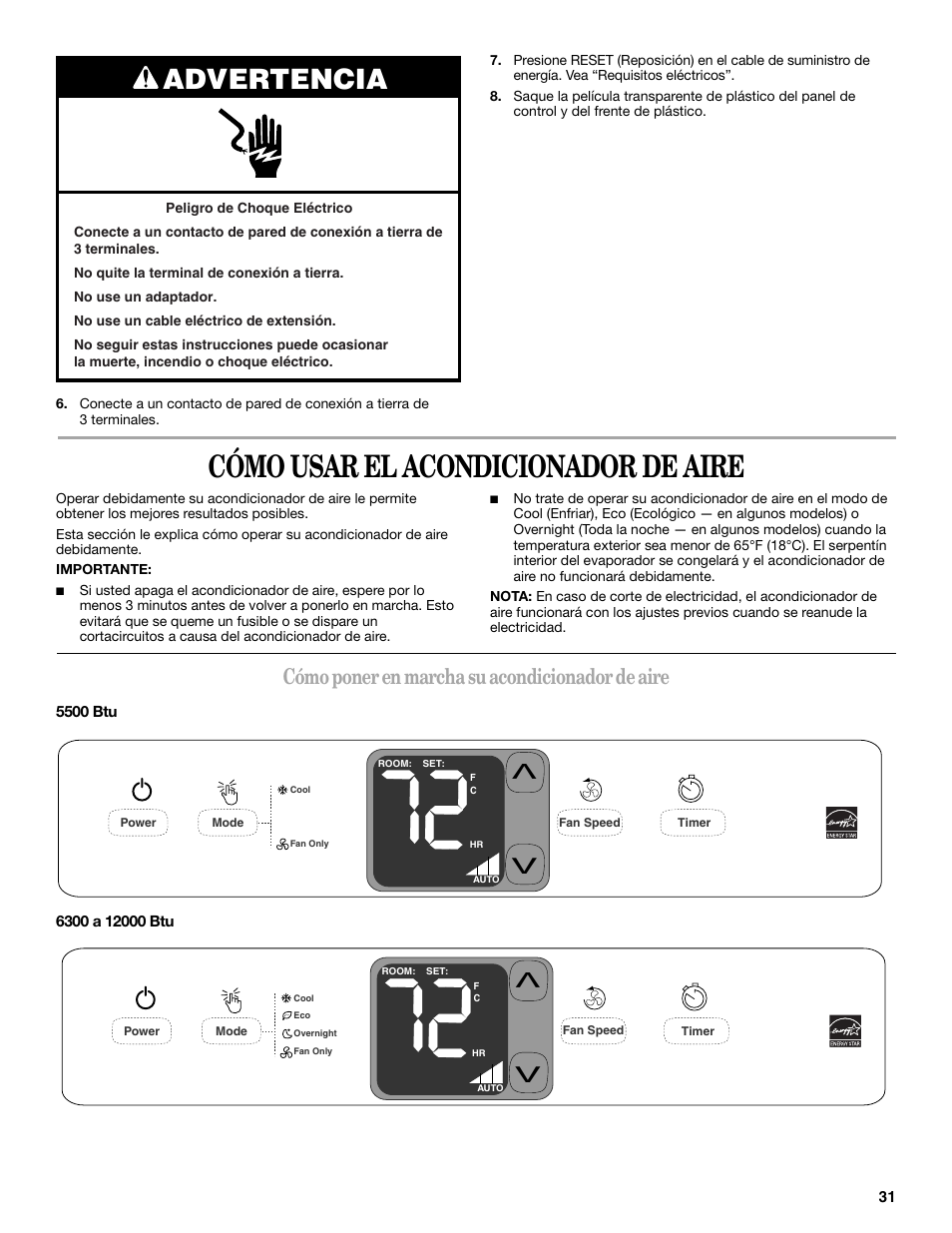 Cómo usar el acondicionador de aire, Advertencia, Cómo poner en marcha su acondicionador de aire | Whirlpool 66161279 User Manual | Page 31 / 60