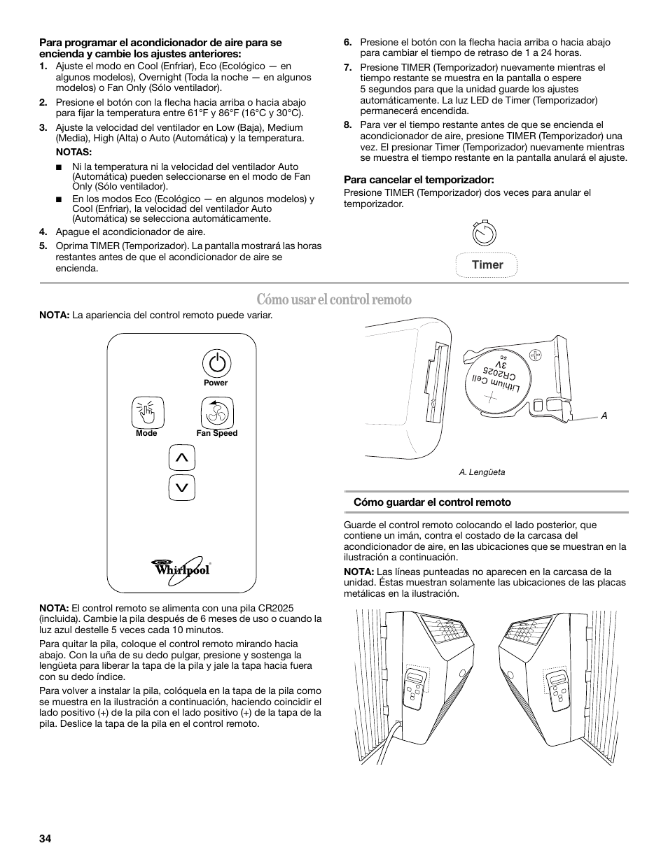 Cómo usar el control remoto | Whirlpool 66161279 User Manual | Page 34 / 60