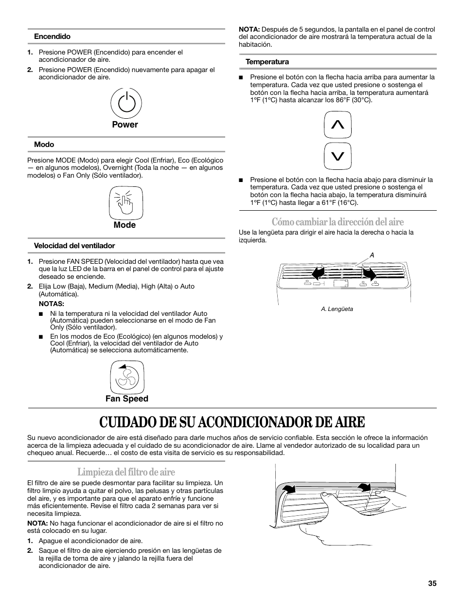 Cuidado de su acondicionador de aire, Cómo cambiar la dirección del aire, Limpieza del filtro de aire | Whirlpool 66161279 User Manual | Page 35 / 60