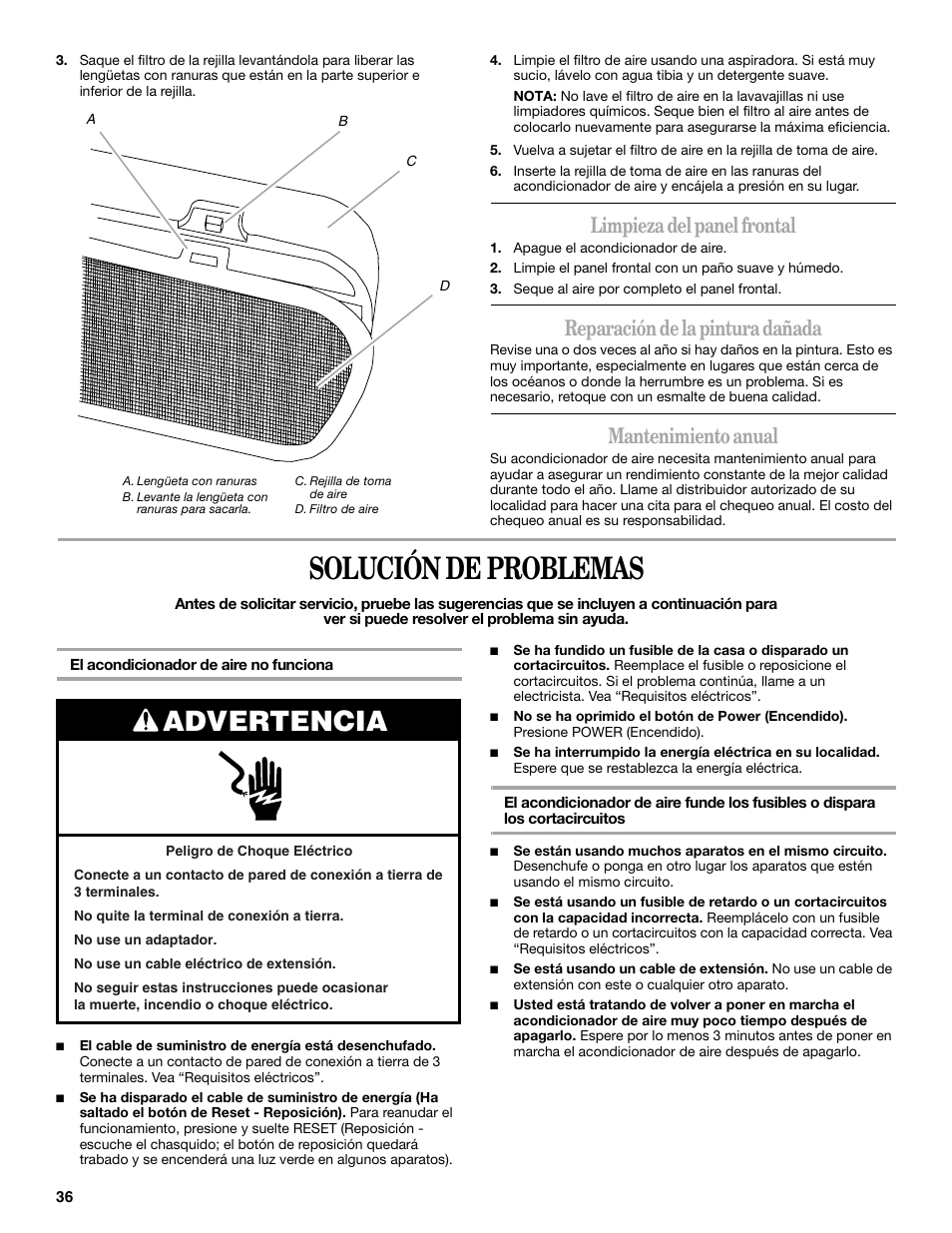 Solución de problemas, Advertencia, Limpieza del panel frontal | Reparación de la pintura dañada, Mantenimiento anual | Whirlpool 66161279 User Manual | Page 36 / 60