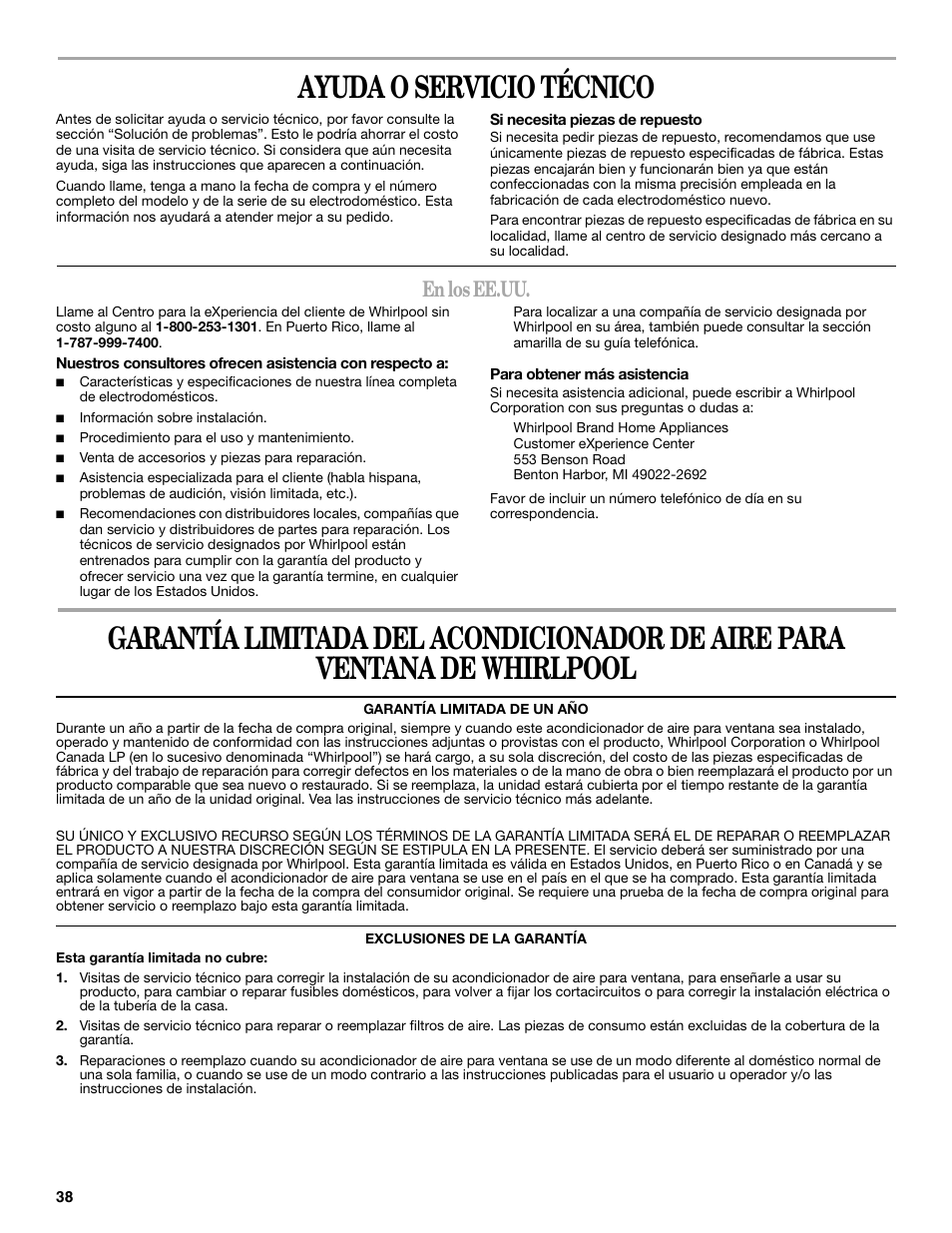 Ayuda o servicio técnico, En los ee.uu | Whirlpool 66161279 User Manual | Page 38 / 60