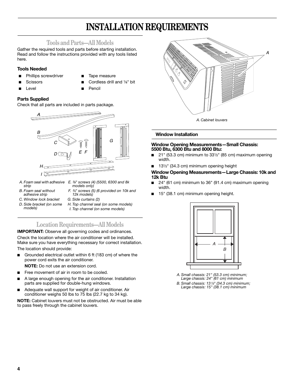 Installation requirements, Tools and parts—all models, Location requirements—all models | Whirlpool 66161279 User Manual | Page 4 / 60