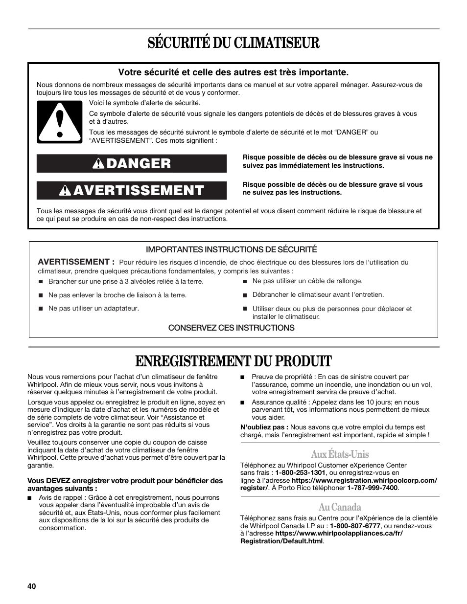 Sécurité du climatiseur, Enregistrement du produit, Avertissement danger | Aux états-unis, Au canada | Whirlpool 66161279 User Manual | Page 40 / 60