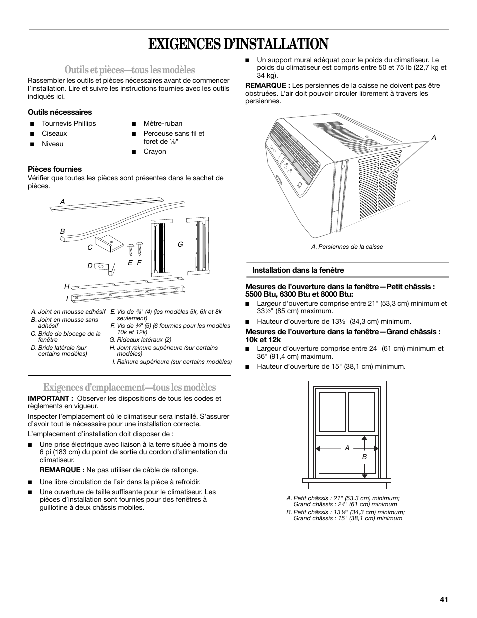 Exigences d’installation, Outils et pièces—tous les modèles, Exigences d’emplacement—tous les modèles | Whirlpool 66161279 User Manual | Page 41 / 60