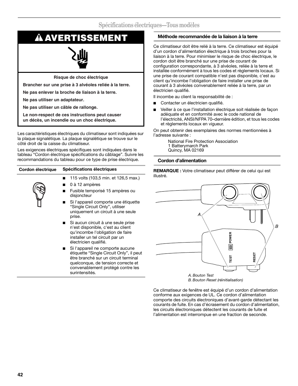 Avertissement, Spécifications électriques—tous modèles | Whirlpool 66161279 User Manual | Page 42 / 60