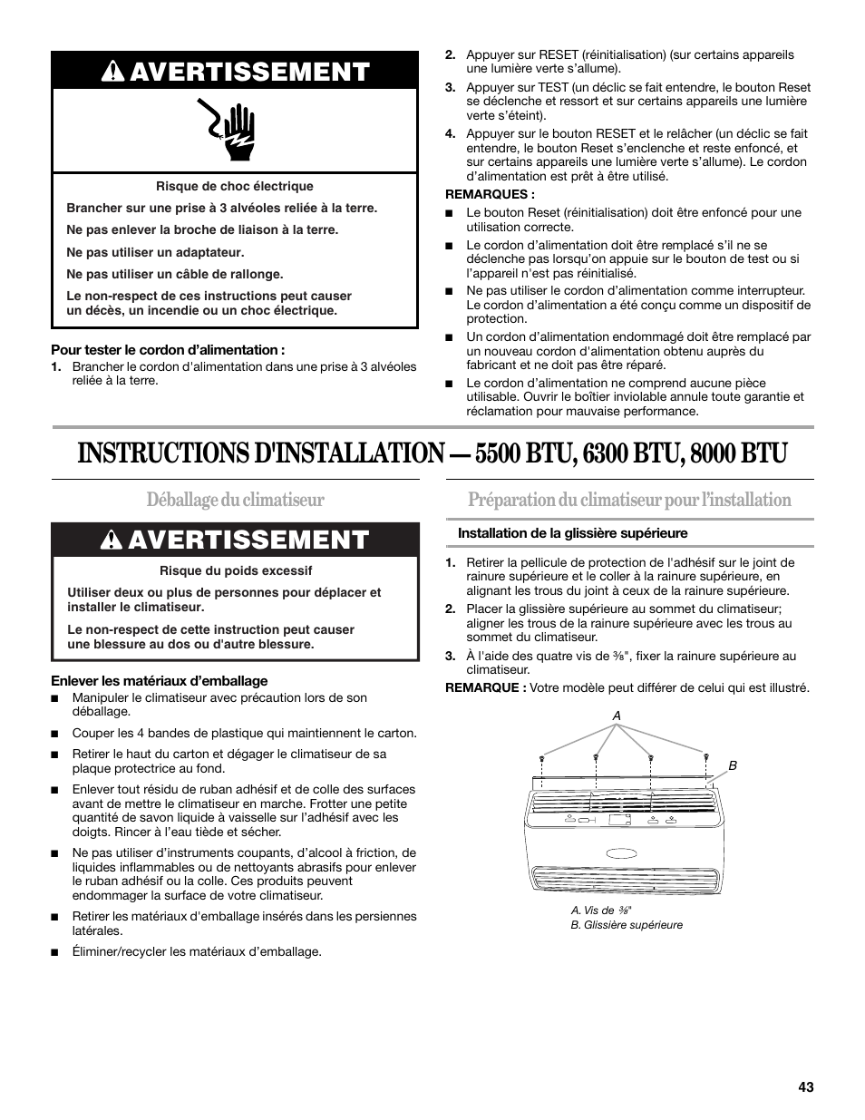 Avertissement, Déballage du climatiseur, Préparation du climatiseur pour l’installation | Whirlpool 66161279 User Manual | Page 43 / 60