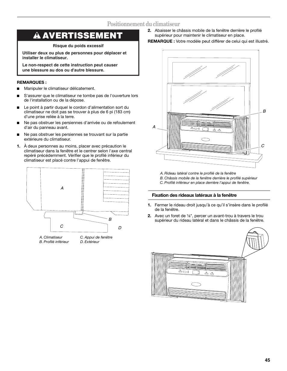 Avertissement, Positionnement du climatiseur | Whirlpool 66161279 User Manual | Page 45 / 60