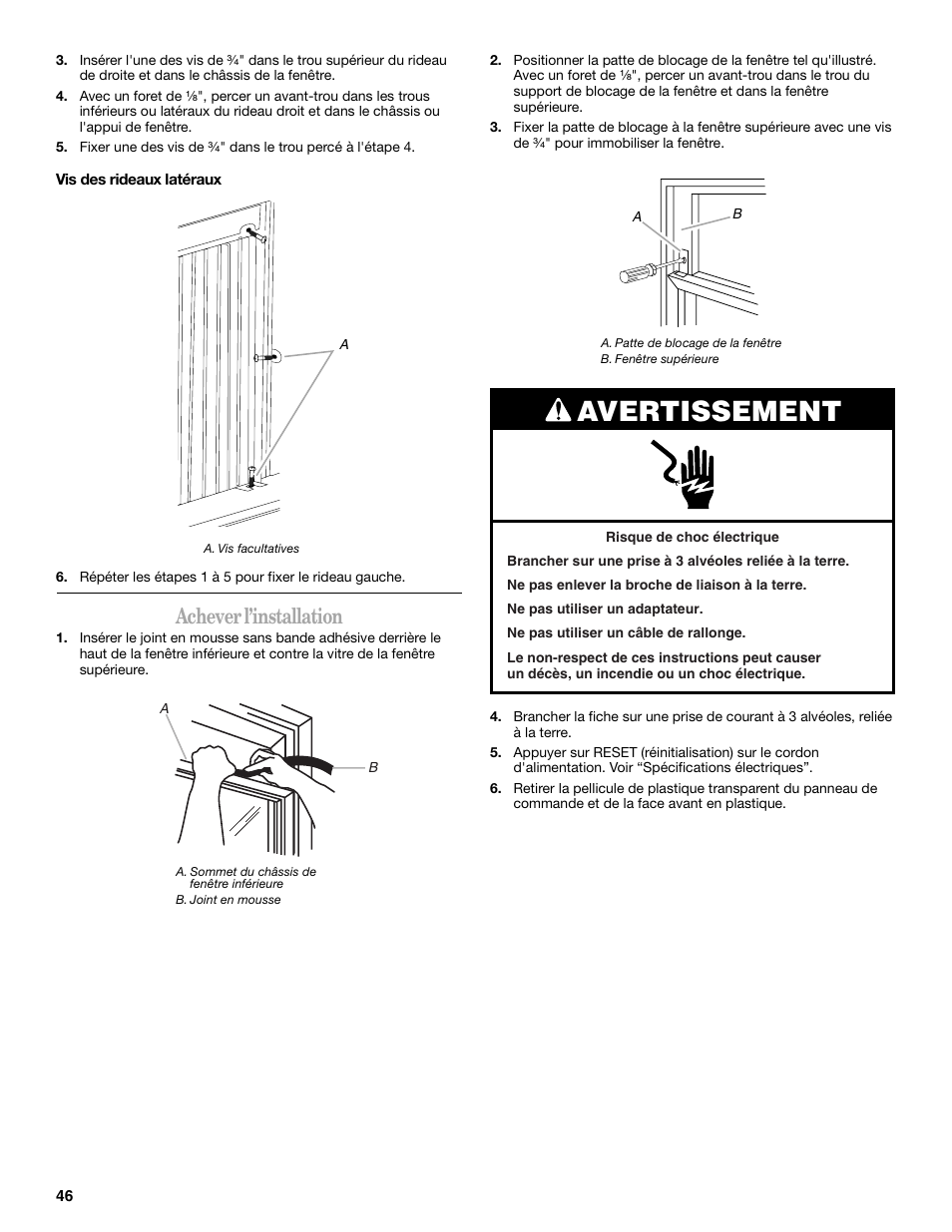 Avertissement, Achever l’installation | Whirlpool 66161279 User Manual | Page 46 / 60