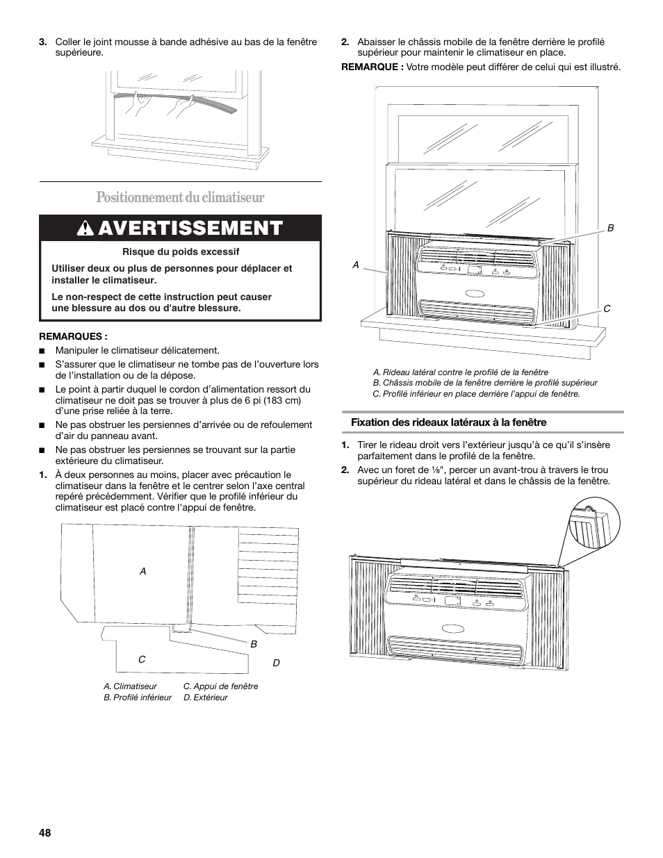 Avertissement, Positionnement du climatiseur | Whirlpool 66161279 User Manual | Page 48 / 60