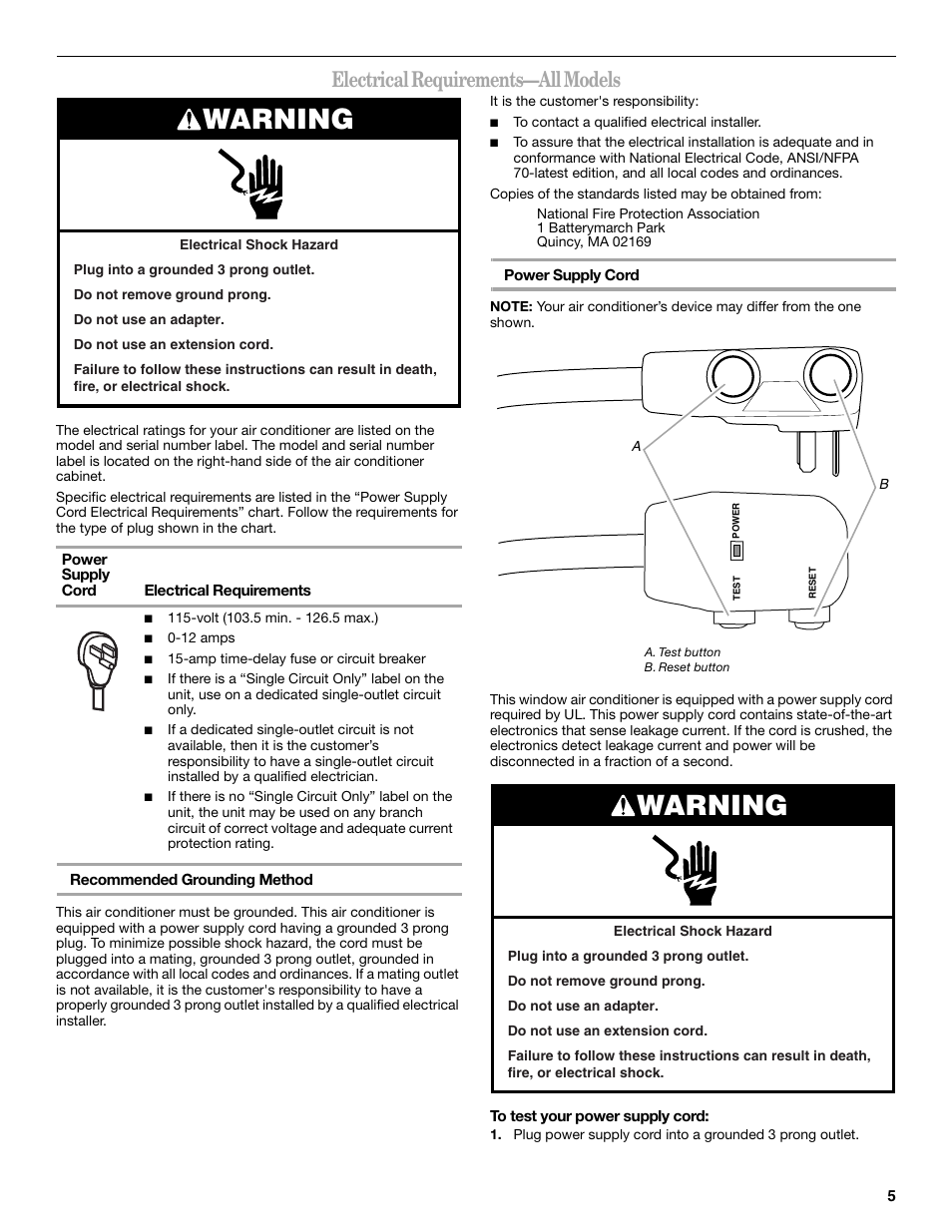 Warning, Electrical requirements—all models | Whirlpool 66161279 User Manual | Page 5 / 60