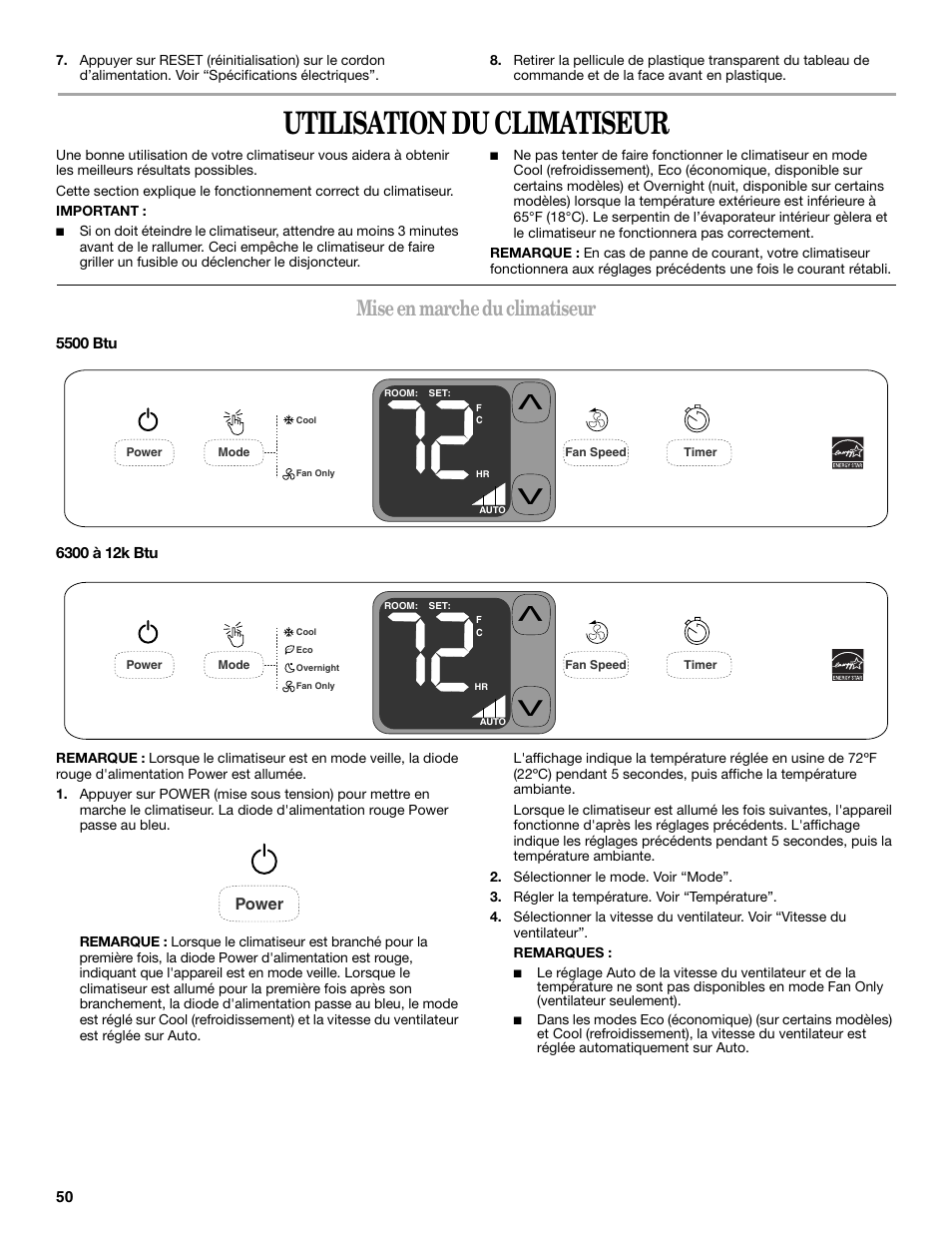 Utilisation du climatiseur, Mise en marche du climatiseur | Whirlpool 66161279 User Manual | Page 50 / 60