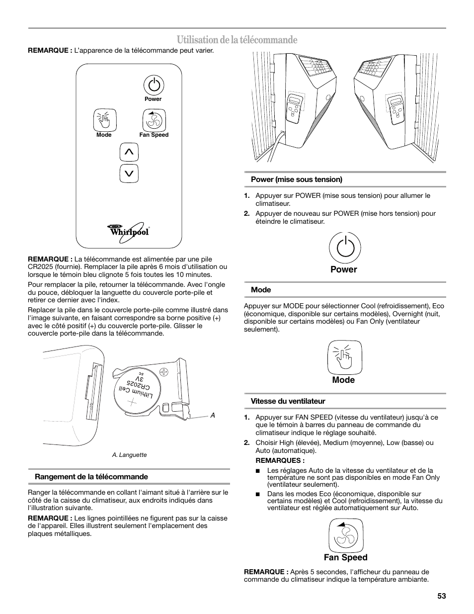 Utilisation de la télécommande, Power | Whirlpool 66161279 User Manual | Page 53 / 60