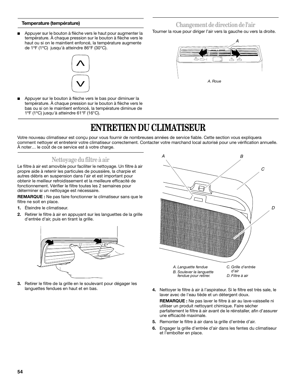 Entretien du climatiseur, Changement de direction de l'air, Nettoyage du filtre à air | Whirlpool 66161279 User Manual | Page 54 / 60