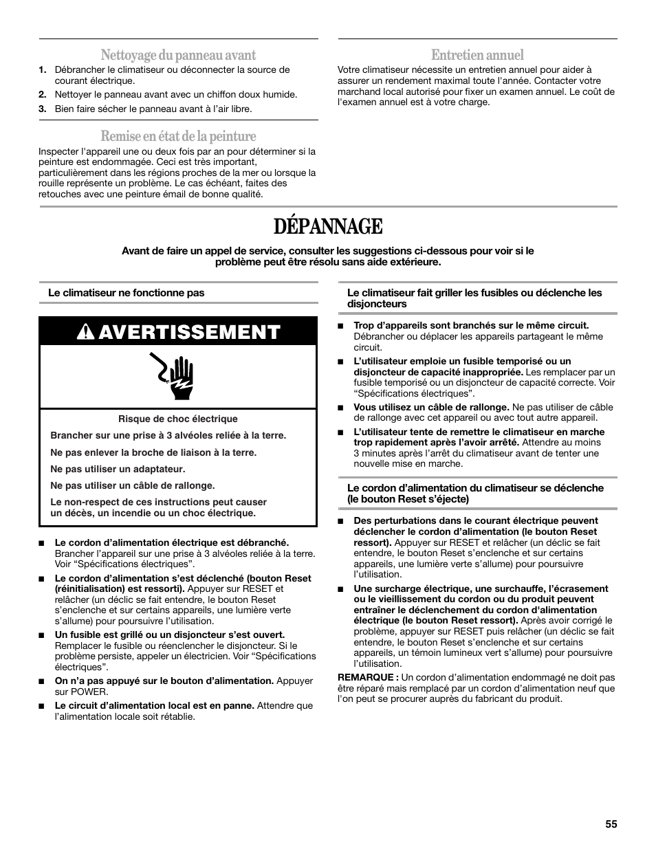 Dépannage, Avertissement, Nettoyage du panneau avant | Remise en état de la peinture, Entretien annuel | Whirlpool 66161279 User Manual | Page 55 / 60