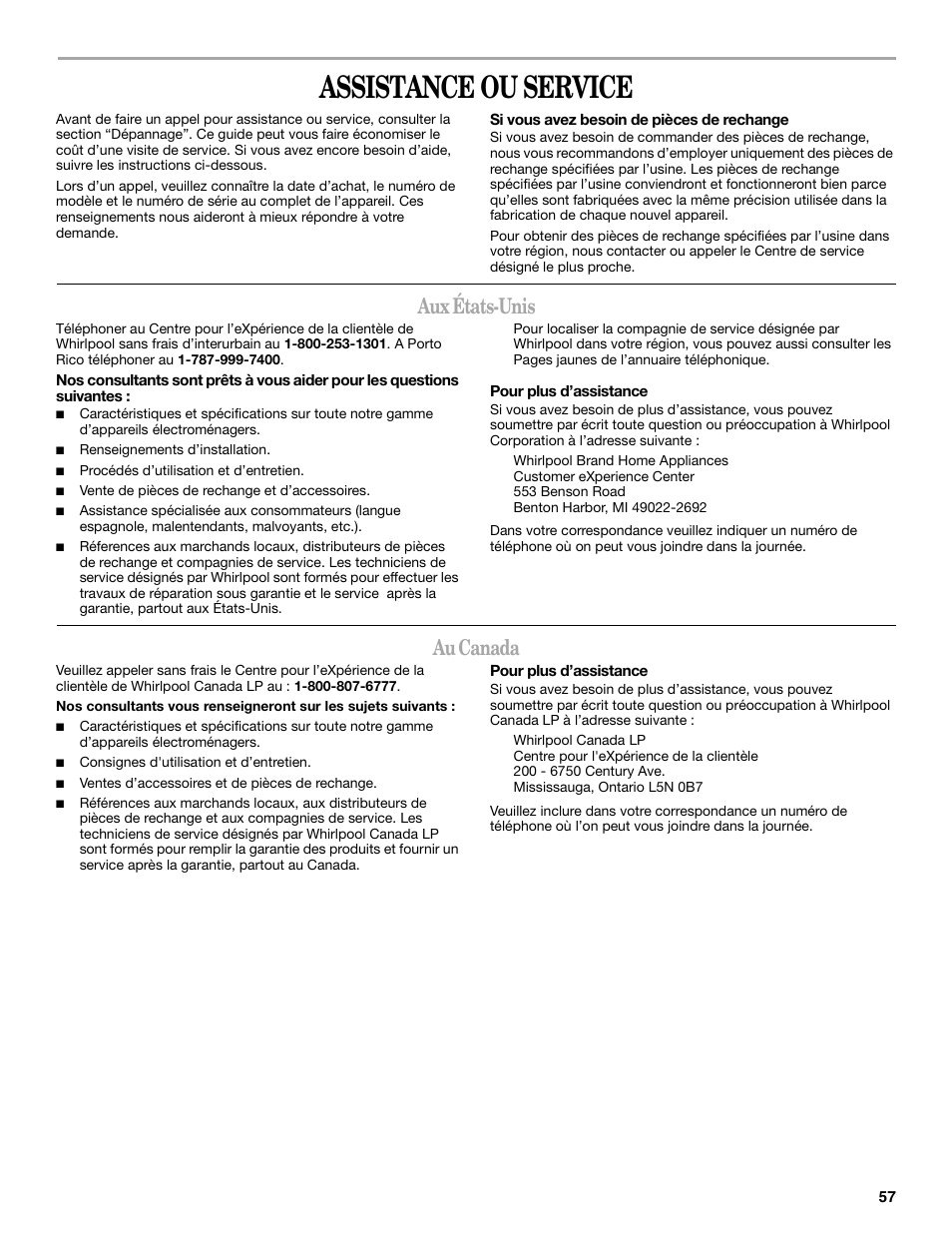 Assistance ou service, Aux états-unis, Au canada | Whirlpool 66161279 User Manual | Page 57 / 60