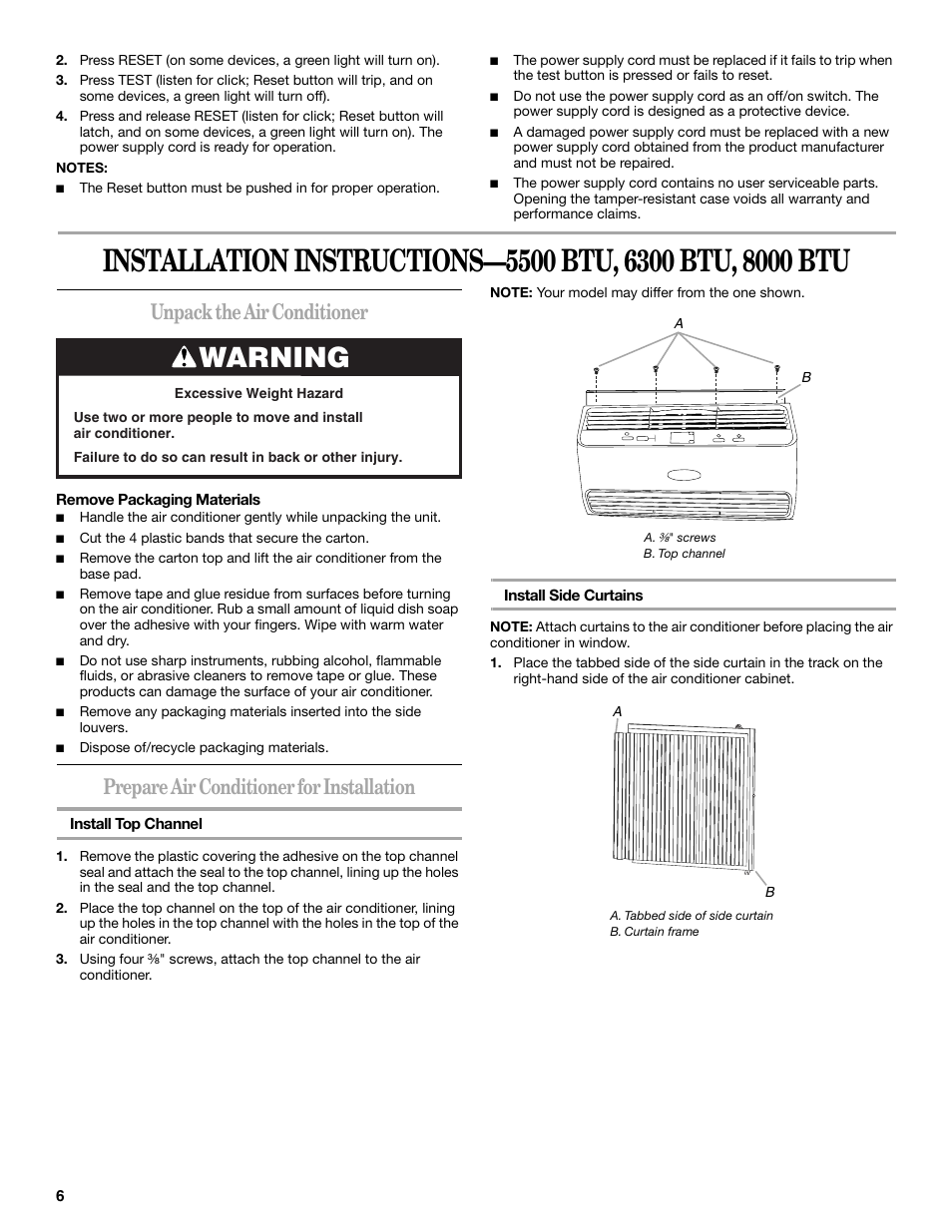 Warning, Unpack the air conditioner, Prepare air conditioner for installation | Whirlpool 66161279 User Manual | Page 6 / 60