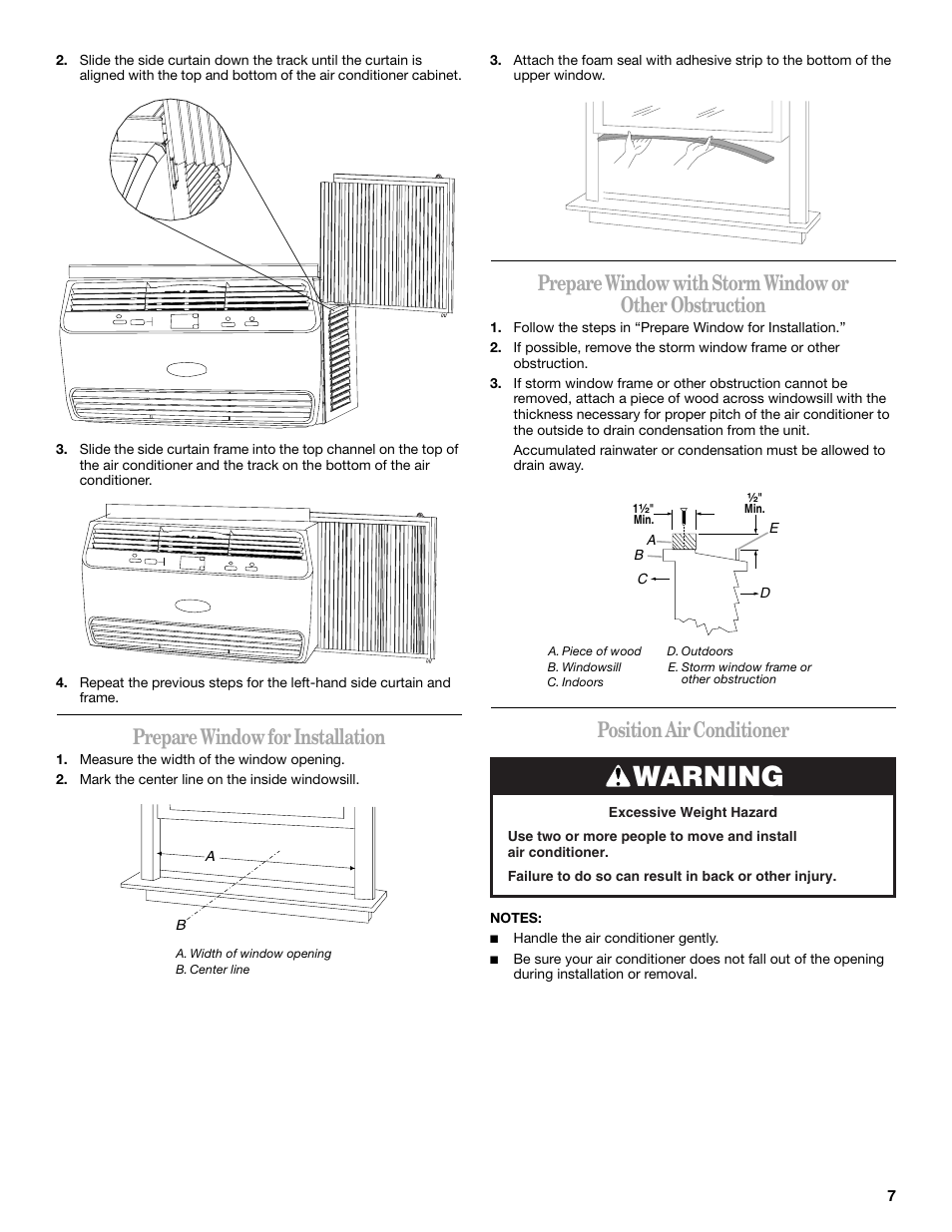 Warning, Prepare window for installation, Position air conditioner | Whirlpool 66161279 User Manual | Page 7 / 60