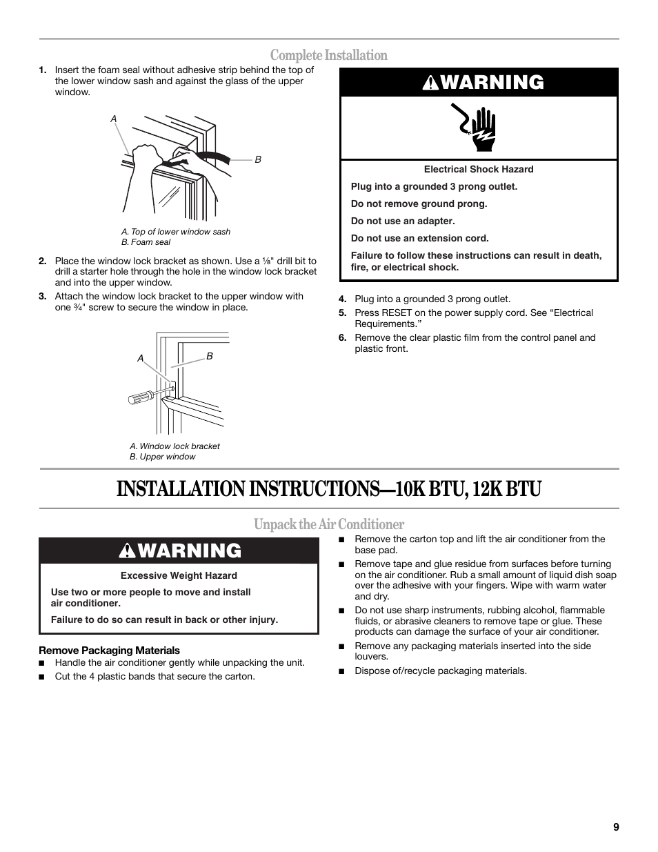 Installation instructions—10k btu, 12k btu, Warning, Complete installation | Unpack the air conditioner | Whirlpool 66161279 User Manual | Page 9 / 60