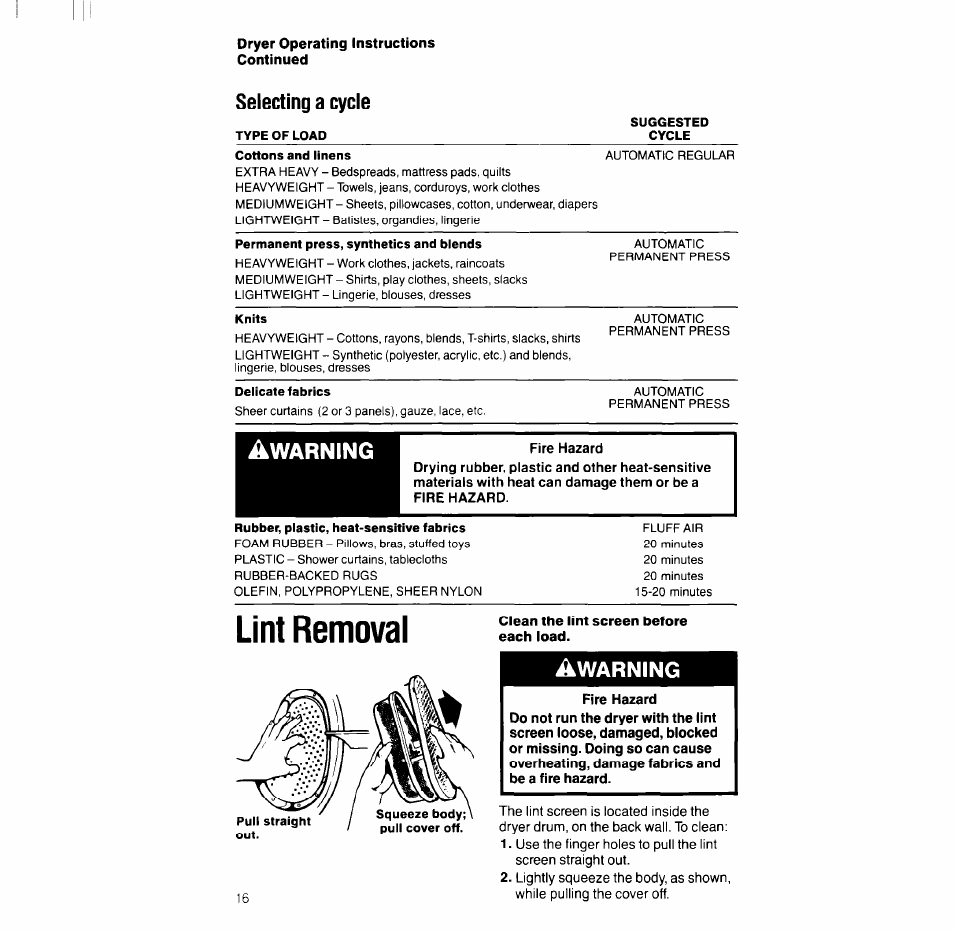 Lint removal, Warning, Selecting a cycle | Whirlpool LT5004XV User Manual | Page 16 / 20