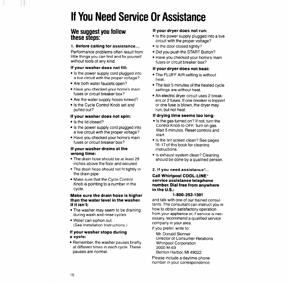 If you need service or assistance, Before calling for assistance, If your dryer does not run | If you need assistance, We suggest you follow these steps | Whirlpool LT5004XV User Manual | Page 18 / 20