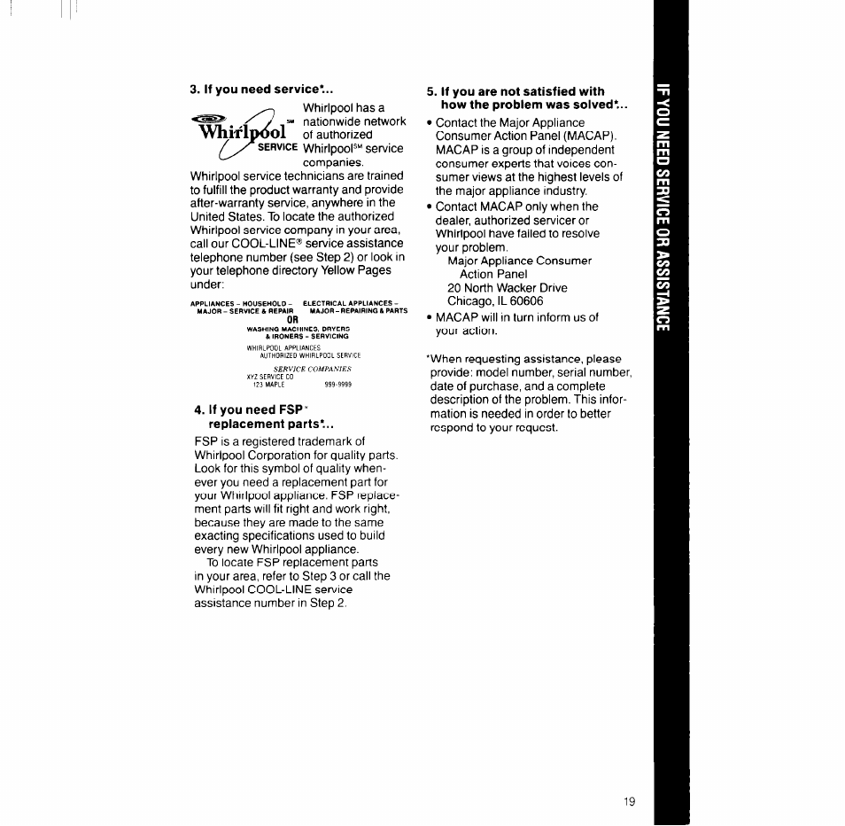 If you need service, If you need fsp" replacement parts | Whirlpool LT5004XV User Manual | Page 19 / 20