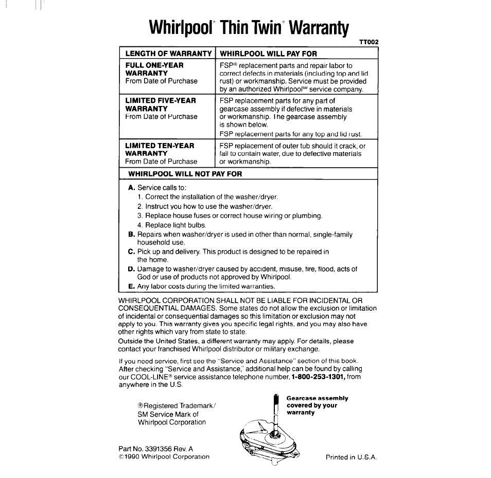 Whirlpool thin twin warranty | Whirlpool LT5004XV User Manual | Page 20 / 20
