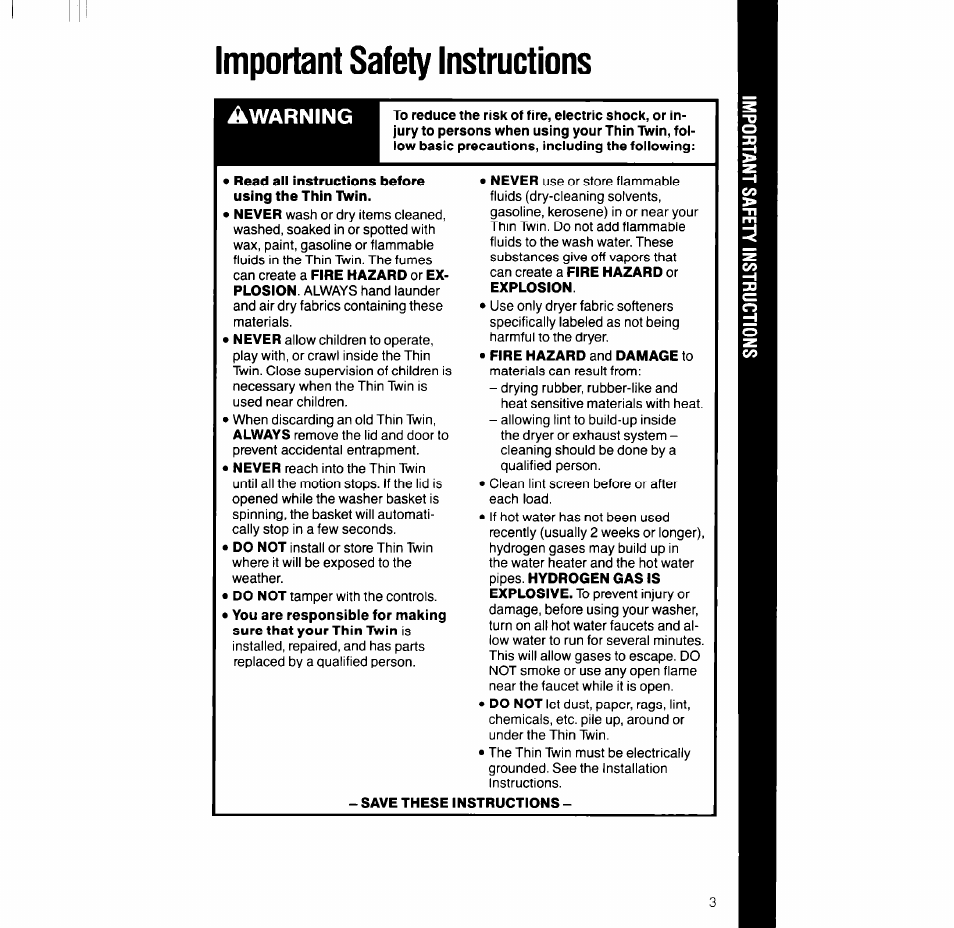 Important safety instructions, Warning | Whirlpool LT5004XV User Manual | Page 3 / 20