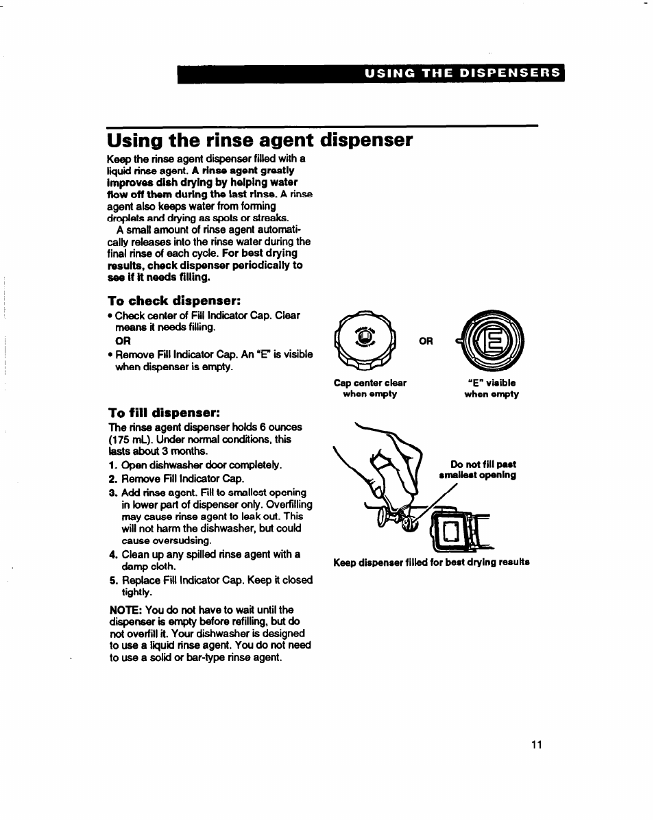 Using the rinse agent dispenser, To check dispenser, To fill dispenser | Whirlpool 800 Series User Manual | Page 11 / 27