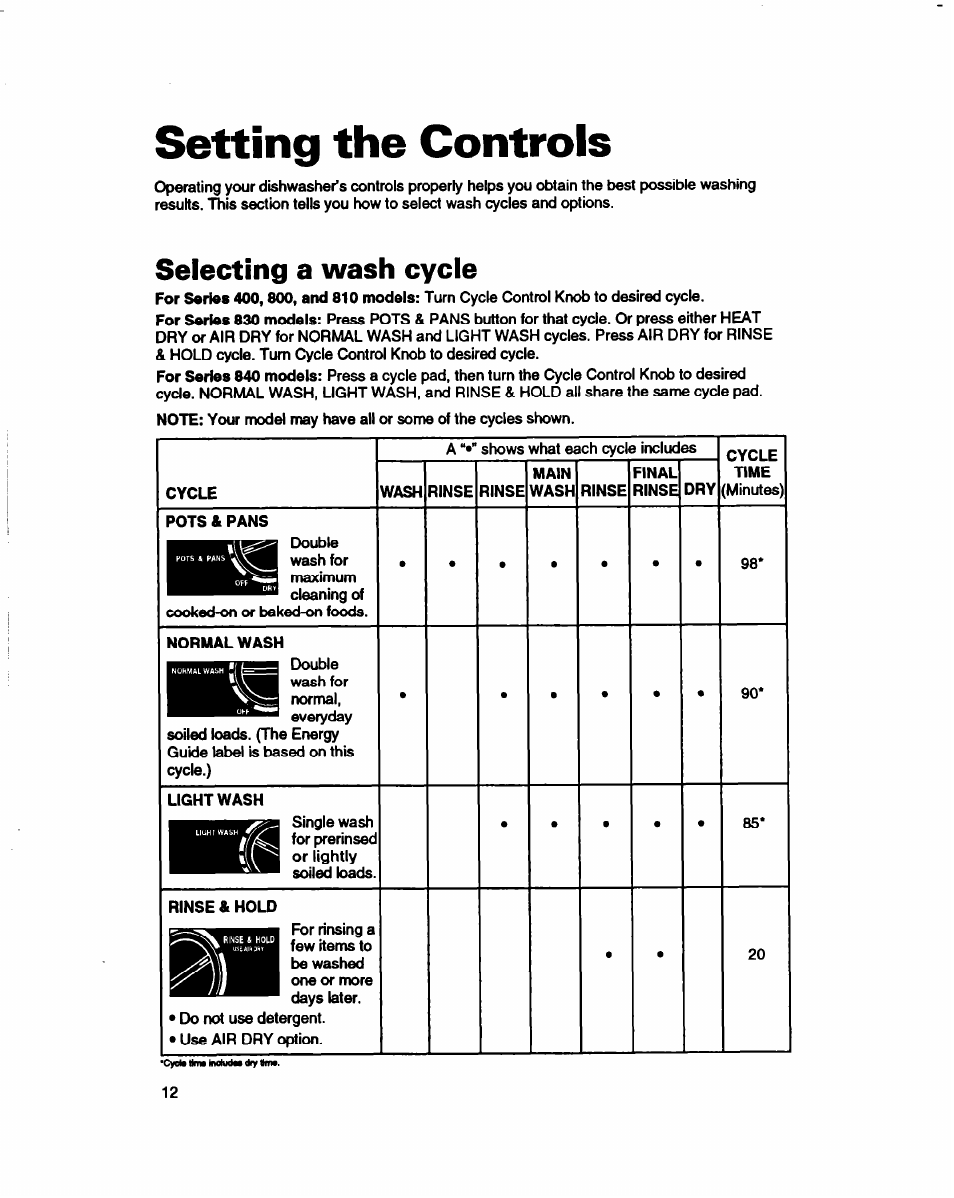 Setting the controls, Selecting a wash cycle | Whirlpool 800 Series User Manual | Page 12 / 27