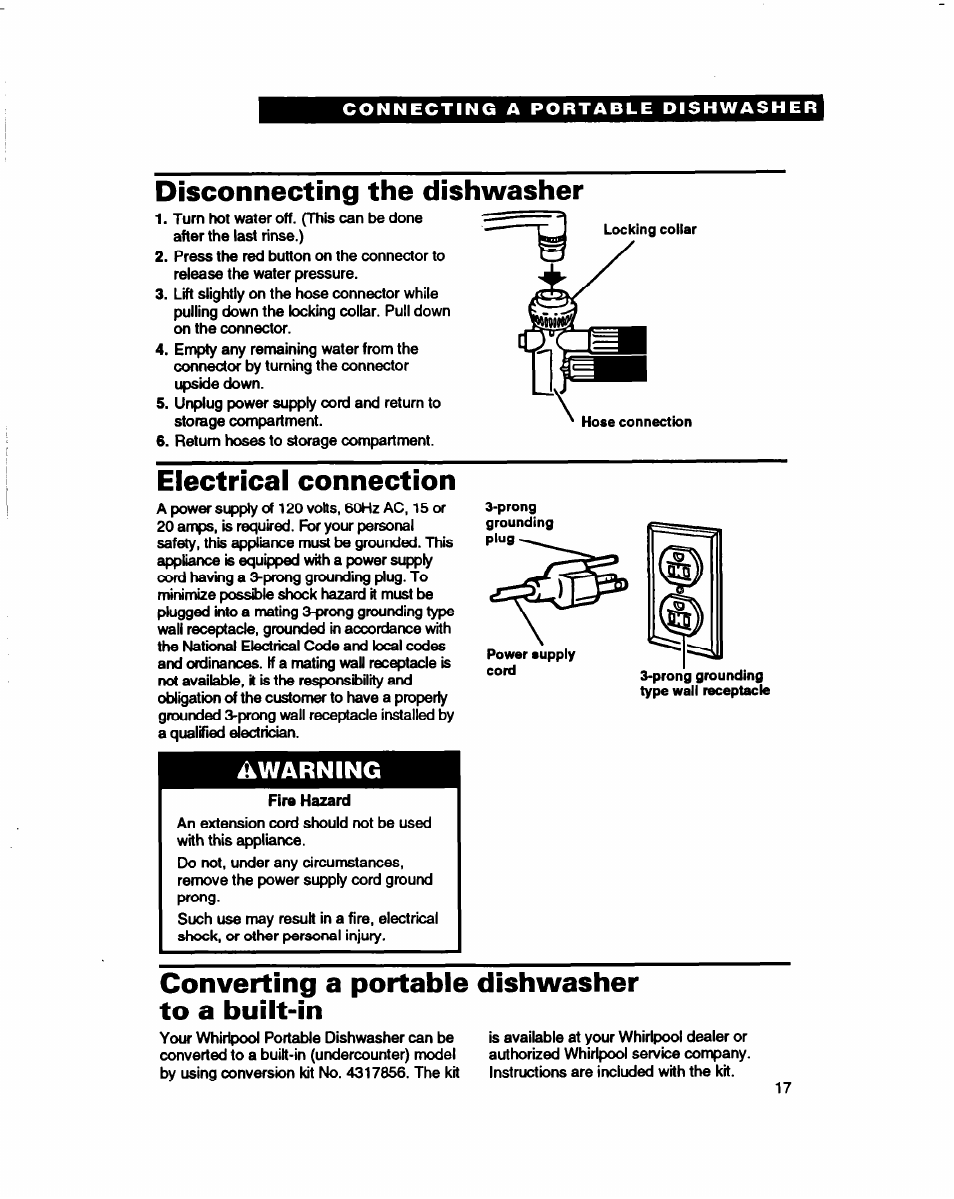 Disconnecting the dishwasher, Electricai connection, Converting a portable dishwasher to a built-in | Warning | Whirlpool 800 Series User Manual | Page 17 / 27