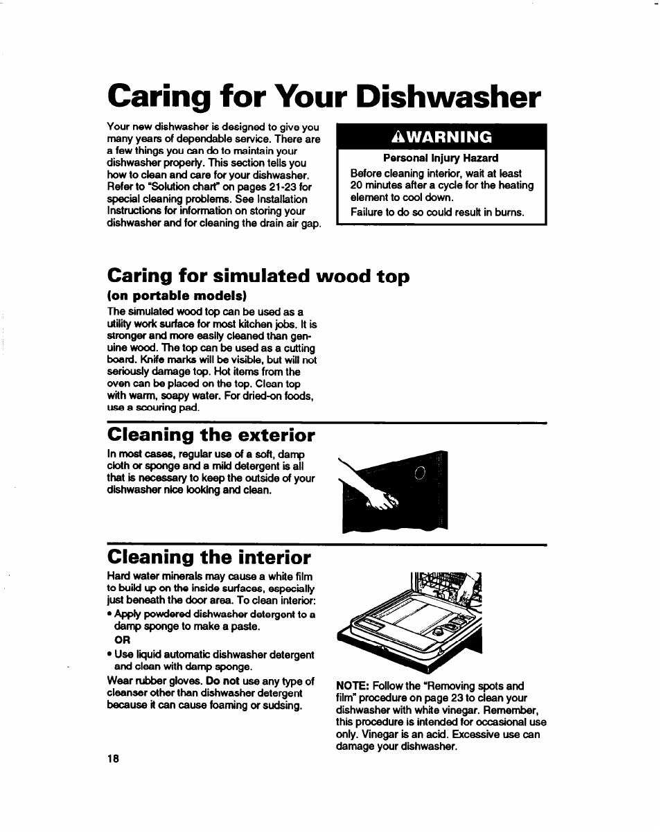 Caring for your dishwasher, Caring for simulated wood top, On portable models) | Cleaning the exterior, Cleaning the interior, Warning | Whirlpool 800 Series User Manual | Page 18 / 27