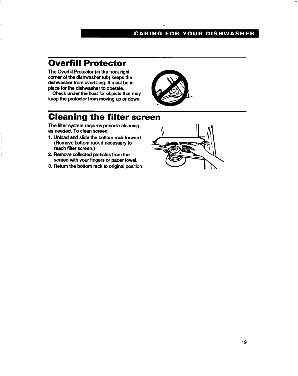 Overfill protector, Cleaning the filter screen | Whirlpool 800 Series User Manual | Page 19 / 27