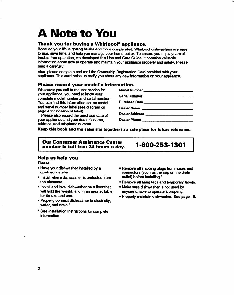 A note to you, Thank you for buying a whirlpool* appliance, Please record your model's information | Help us help you | Whirlpool 800 Series User Manual | Page 2 / 27