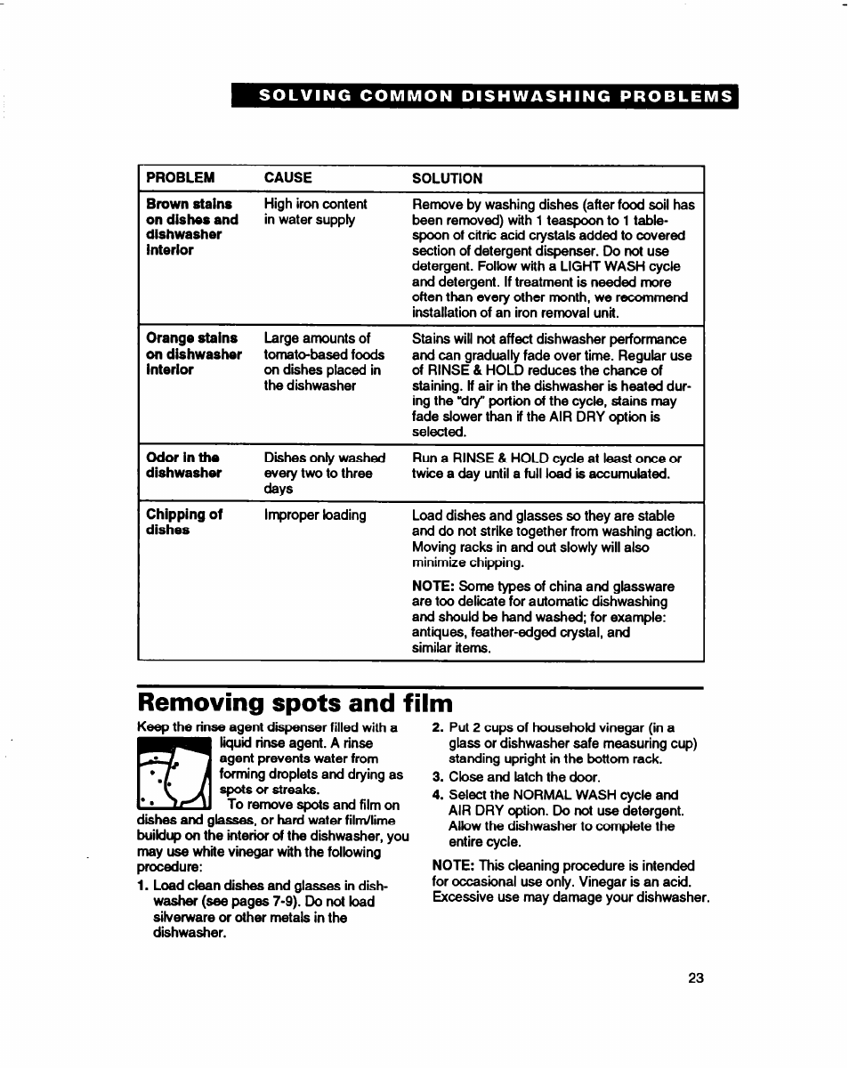 Removing spots and film | Whirlpool 800 Series User Manual | Page 23 / 27