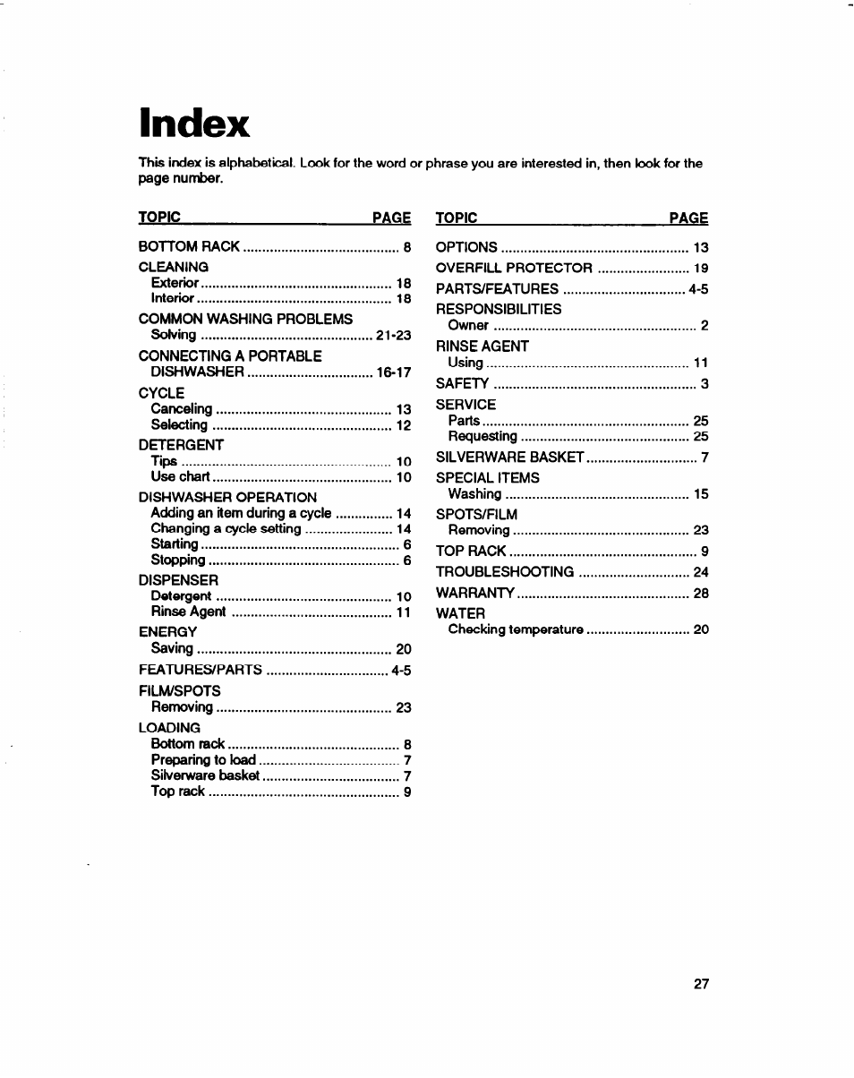 Index | Whirlpool 800 Series User Manual | Page 26 / 27