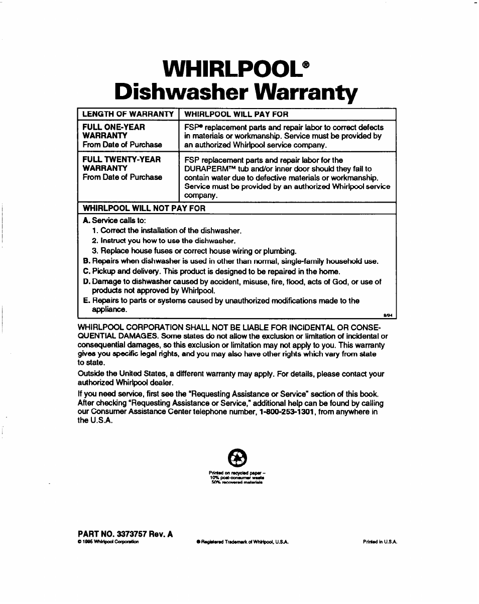 Whirlpool® dishwasher warranty | Whirlpool 800 Series User Manual | Page 27 / 27
