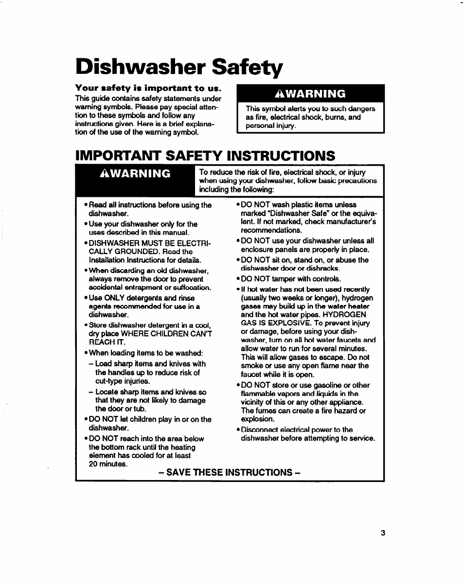 Dishwasher safety, Your safety is important to us, Important safety instructions | Warning, Awarning | Whirlpool 800 Series User Manual | Page 3 / 27